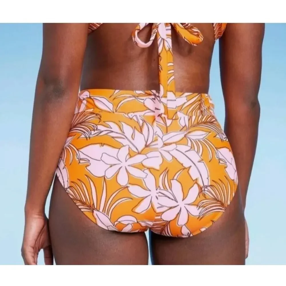 Kona Sol Tropical Bikini Bottom Size L High Waist Orange Pink Swim Bottom NWOT